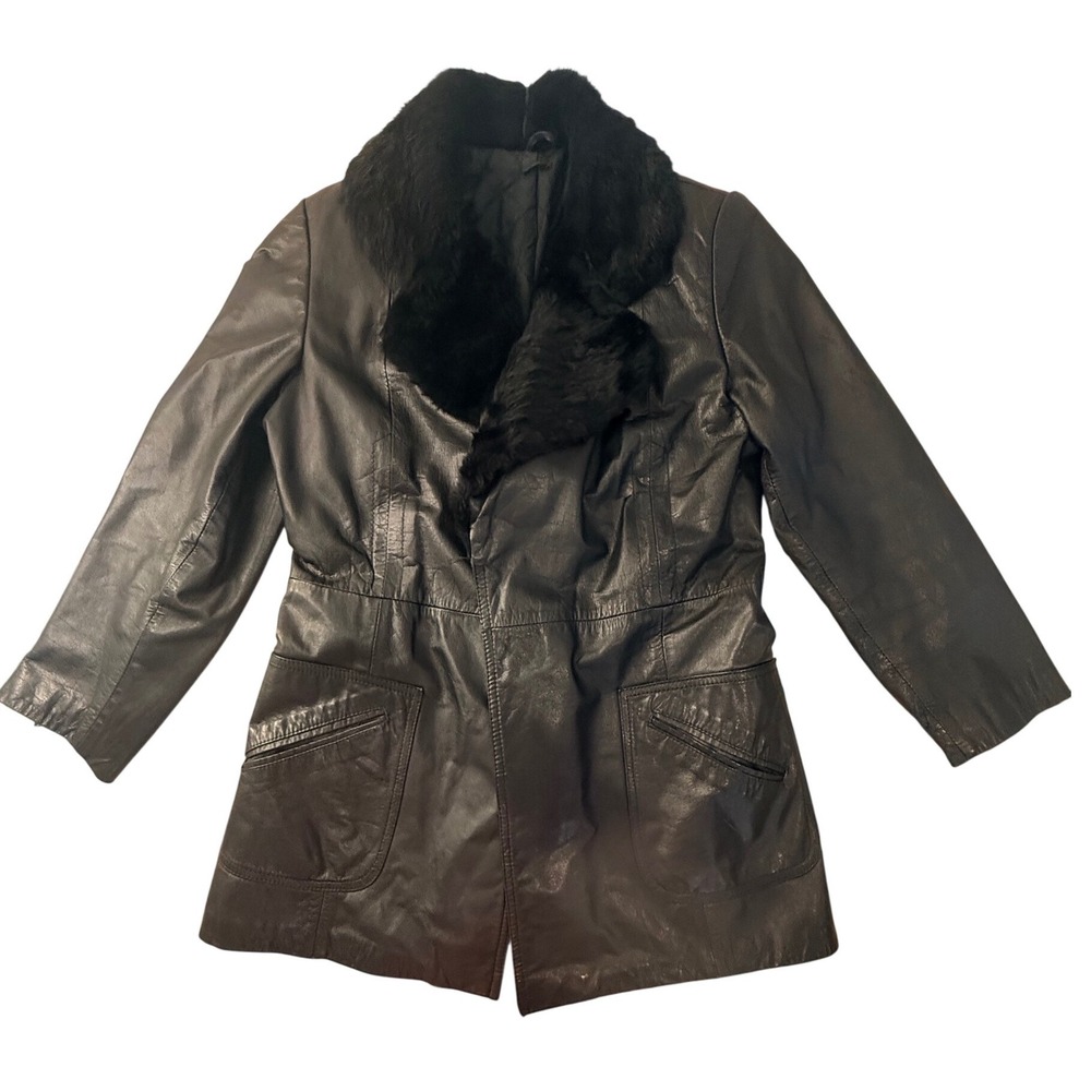 VTG 90s Y2K Pennylane Black Leather Rabbit Fur Open Front Jacket Women Midi Coat